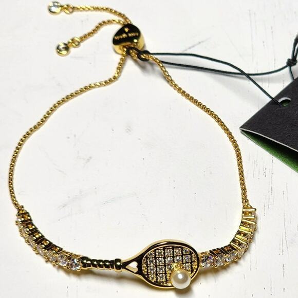 Kate Spade Queen Of The Court Tennis Slider Bracelet Racket Line Gold Pearl Pave - Picture 2 of 9